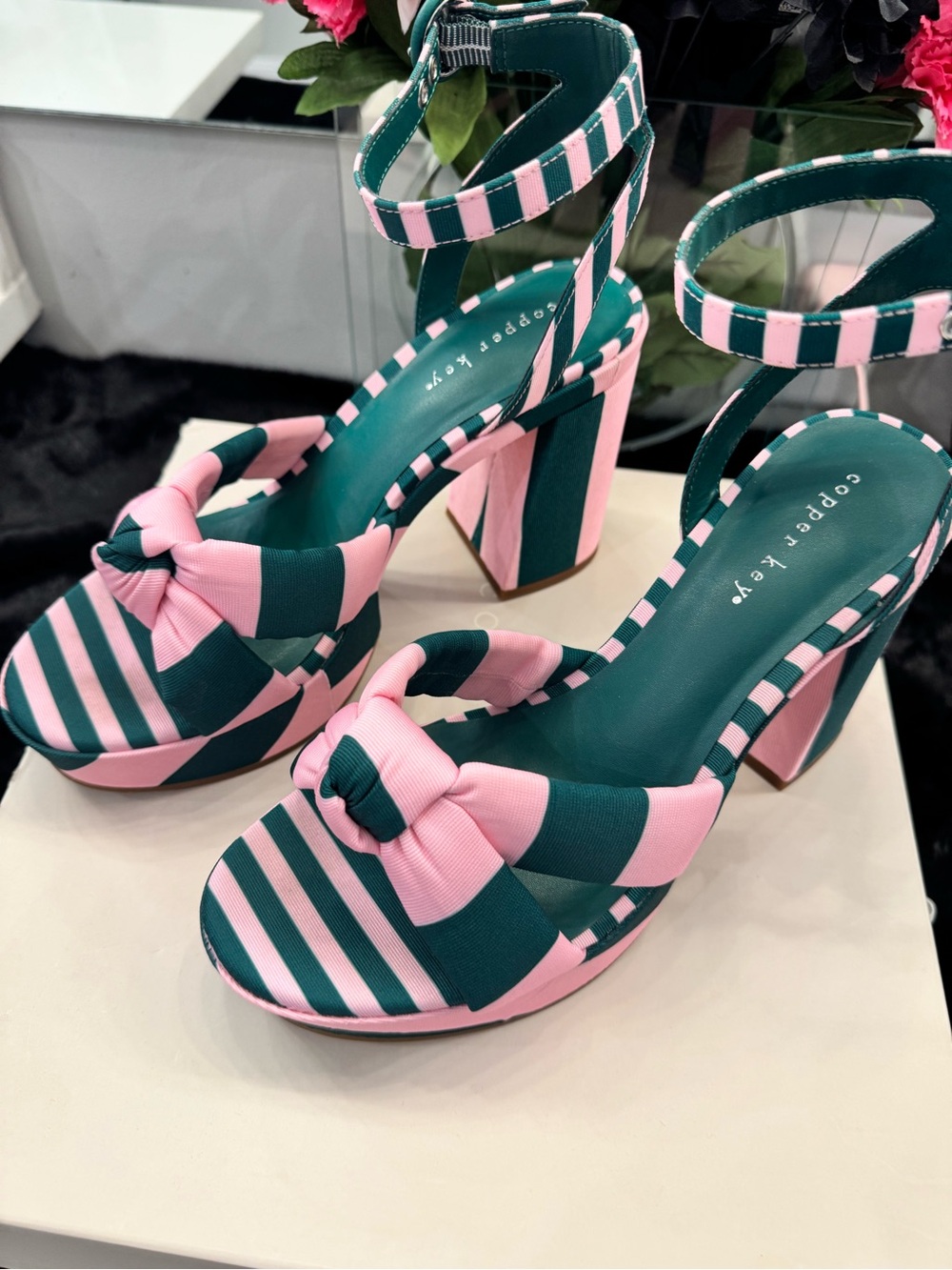 Copper Key Pink and Green Striped Bow Ankle-Strap Heels - Picture 3 of 8